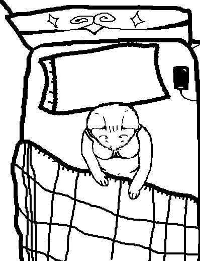 It gets up, revealing a humanoid form. It's overweight and wearing a bra. The hover-image is a painted, 3-frame, hurriedly painted and paced animation of the interior of the power plant. Parts of the scene are covered in charcoal pencil and keyed-out squares of color.