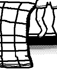 A smaller panel. It's side view of the bed, with the cat sitting on the edge, like a human. it's legs are only visibly on the top right of the frame. Hover-image is a painted, 2-frame, speedy animation of a VU voltage meter going off the fritz. Squares are here too.