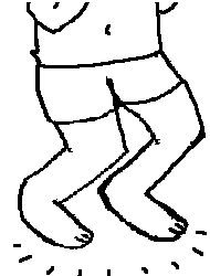 A smaller panel. The cat is crouching down, preparing for a jump. It is wearing boxers. Hover-image is a painted, 2-frame, less speedy animation of monitors malfunctioning wildly. Squares are here too.