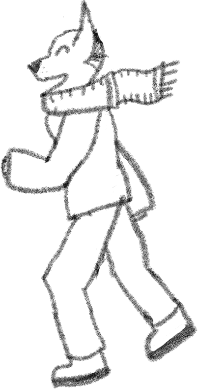 Black and White pencil sketch. A chihuahua as a person, named Aubrey. She's wearing a jacket, boots, and jeans, with a scarf wrapped around her neck, blowing in the wind. The sleeves of her jacket obscure her paws. This image is clickable.