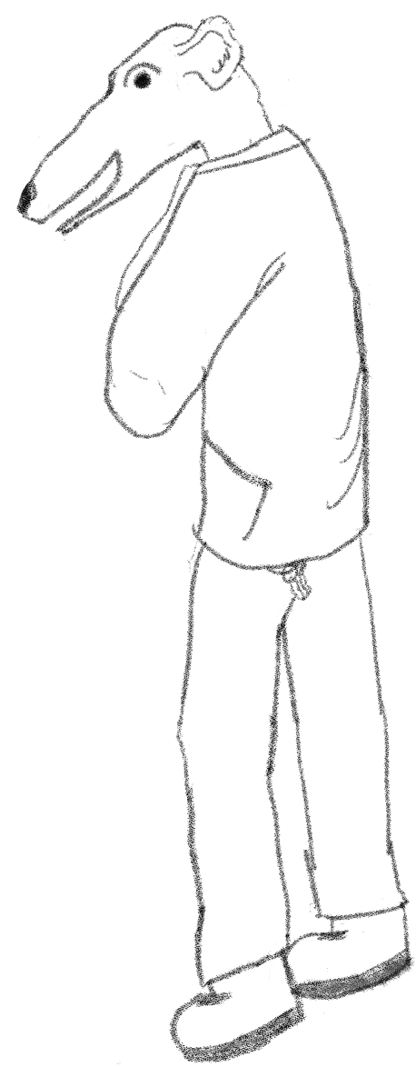 Black and White pencil sketch. A borzoi as a person, named Nyx. It's wearing a jacket, boots, and jeans, with a ring of keys hanging from a belt loop. It's huddling up, as the cold is biting. This image is clickable.
