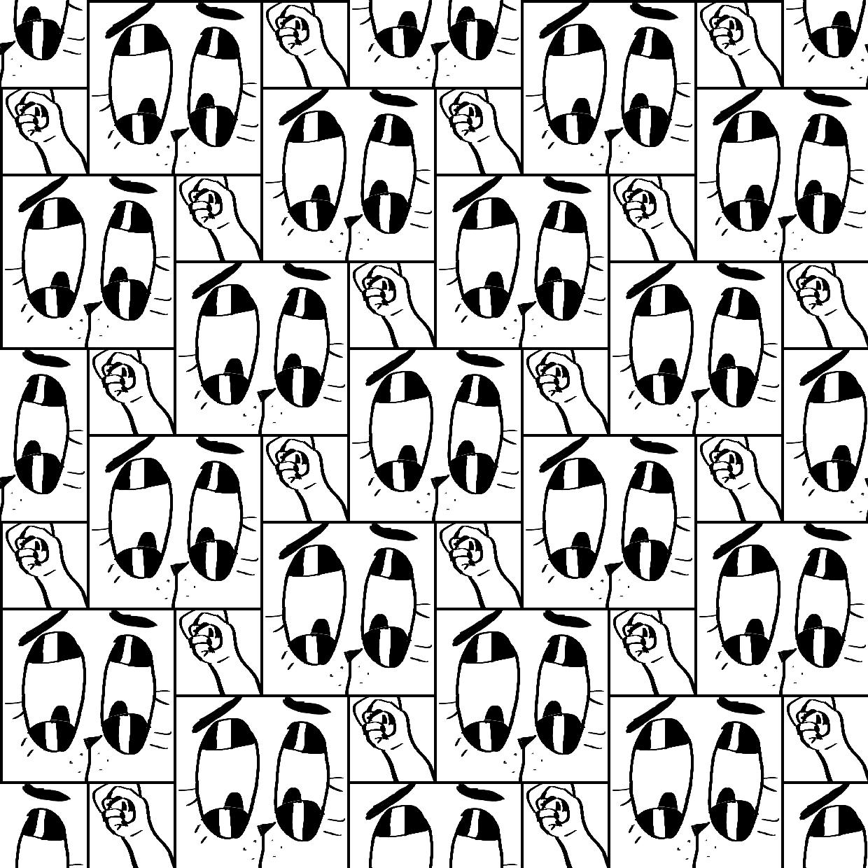 The background of this webpage is a tiling of comic panels. With the larger panel being an expression of tension on a femme cat person's face and the smaller panel being the cat person grabbing the doorknob. The cursor is that same cat's horrified expression.