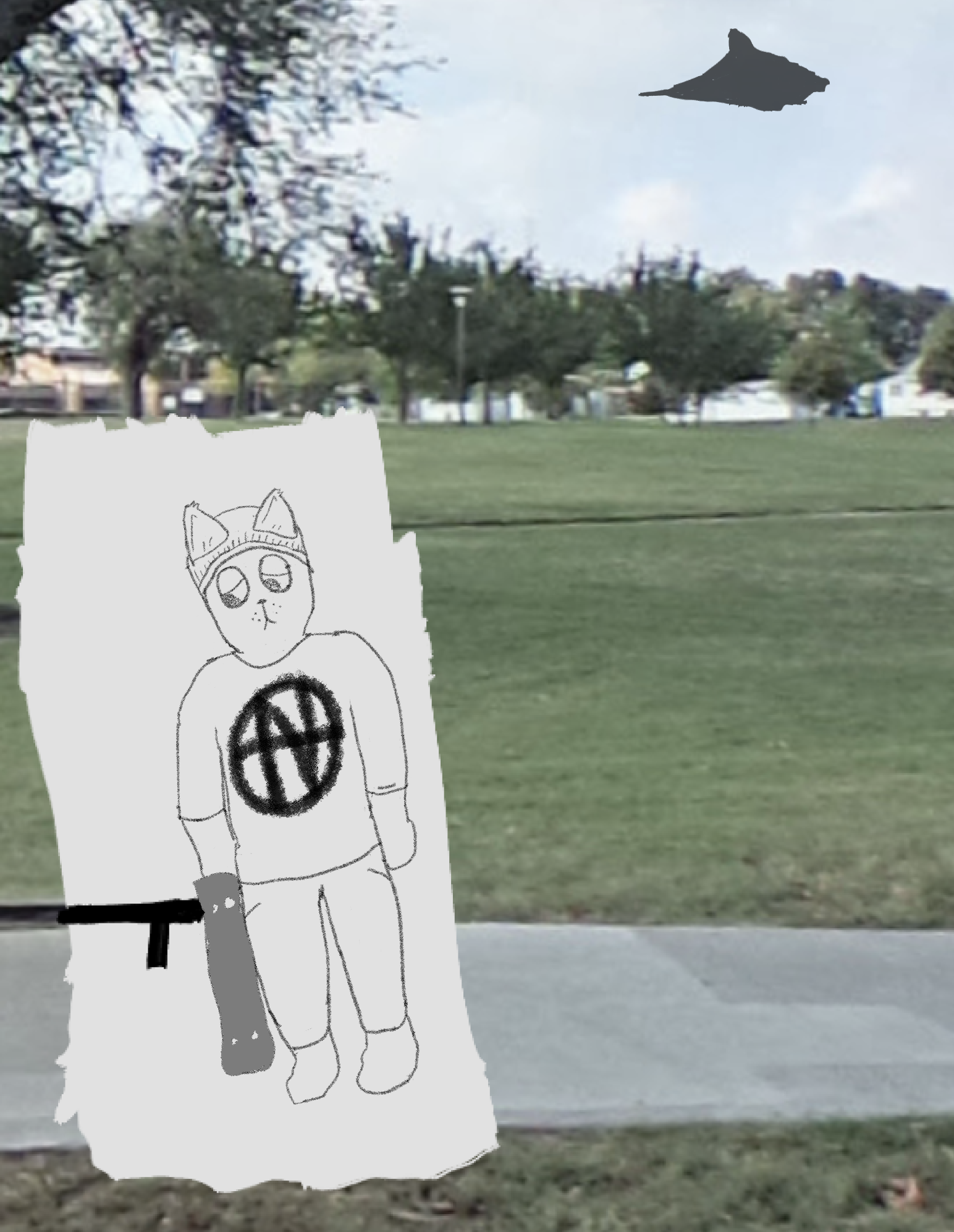 The following is a textless comic. Panel 1. A cat as a man, called Dmitri drawn in charcoal pencil stands alone in a skate park. He is wearing boots, jeans, a T-shirt belonging to the band Hanatarash, and a beanie. Dmitri, holding a skateboard, is looking at the ground, with a dissapointed expression on his face. Floating in the distance, there's a strange grey shape. It resembles a spaceship with its jagged corners and smoothed edges.