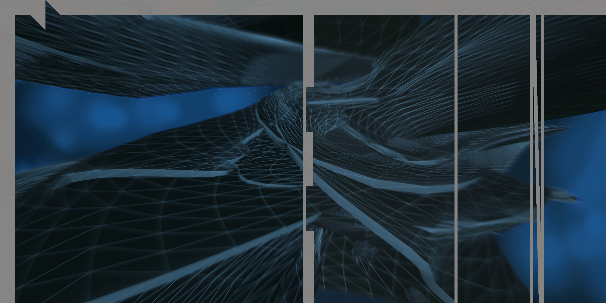 Panel 4. A static image of the strange floating object is the centerpiece. It's in the style of Metalheart aesthetics, with jagged, clashing geometry floating in a cloudy, blue background. An incomplete grey frame is prominent, with E, I, and N being stretched vertically at certain points. When hovering with a mouse, A crude drawing of Dmitri grinding with his skateboard is shown. Moving the mouse gives the illusion that he's skating on the strange structure. This image is clickable.