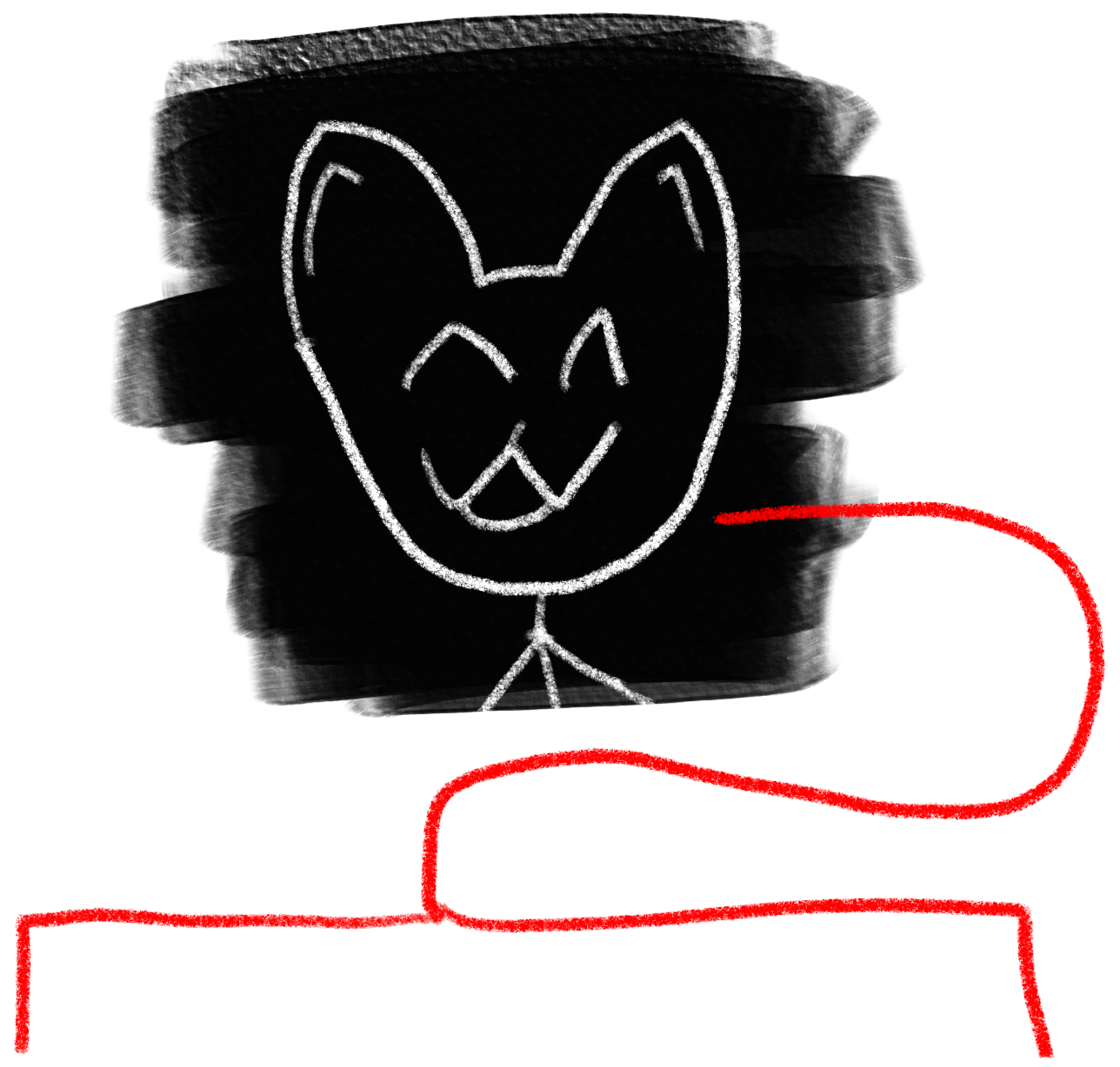 The cat-like pile speaks with an enthusiastic expression. A red speech bubble flows from its mouth. Dialogue: "Nice seeing you! Oh, me? Don't worry. I'm just experiencing Stage 4 Interactive Syndrome. The door out of here is behind you!" Each word of dialogue can be clicked on to reveal another word. They only yield nonsense.