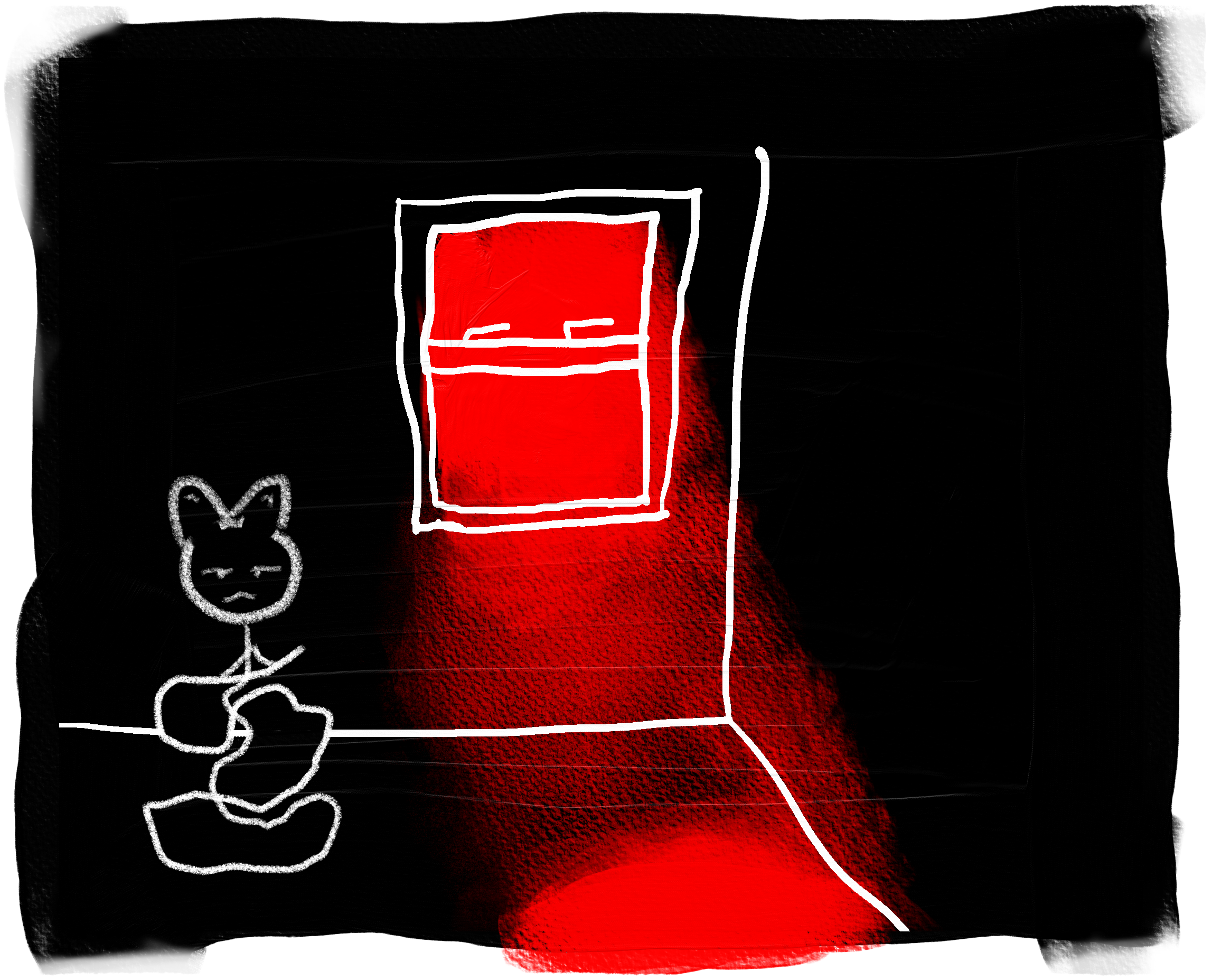 Painting. Lines drawn in white ink. Light brushed with red. In the center of the frame, a window by the corner spills red light into the room. To the left of the window, a cat person has its organs spilled out, mimicking a Krasue. Its organs are abstract shapes, but very obviously still organs. Clickable. When you hover over, she looks at you. Interactive. The slider floating near the painting adjusts the hue of the red light.