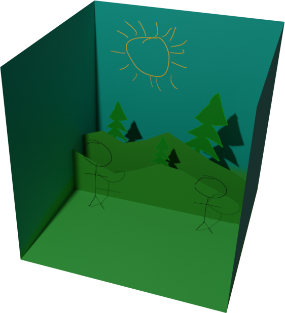 A 3D diorama featuring hills, trees, a sun, the sky. and two people, represented as stick figures. Rendered in Blender.