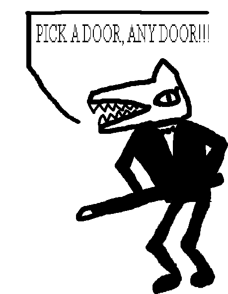 Wolf lady in a tuxedo, holding a cane with both hands. PICK A DOOR, ANY DOOR, they say.
