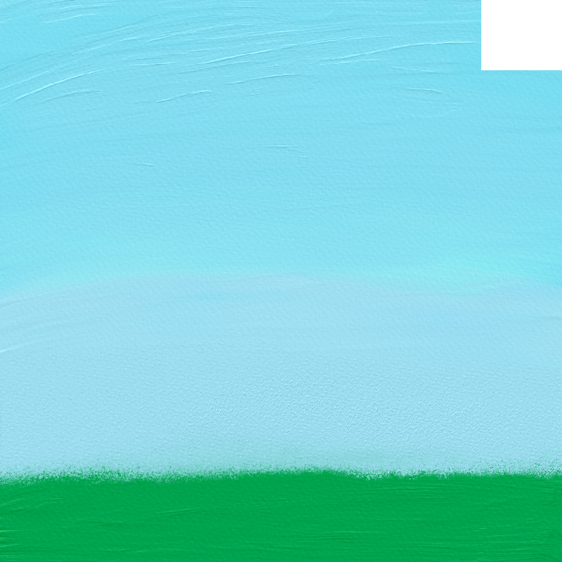 A painting with a blue sky and green grass.