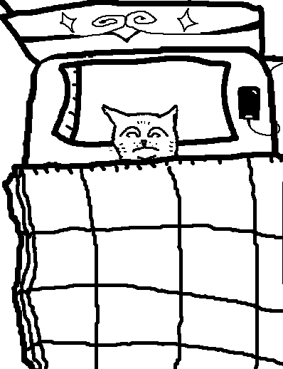 A cat, drawn in an anthropomorphic style, is laying in bed. The large blanket and stellated headboard dwarf it's size. There is a smartphone on charge next to it. It appears uncomfortable. The hover-image is a painted, 3-frame, slow animation of a nuclear power plant.