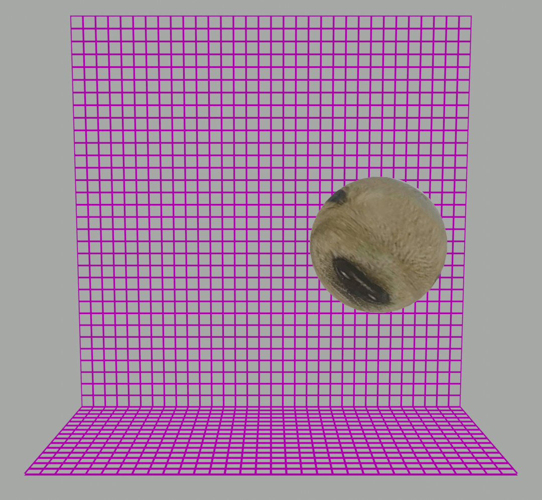 A 3D grid of purple lines lay as a floor and a wall on a solid grey background, reminiscent of the Commodore Amiga's Boing demo. The ball's texture is Jotchua, a puppy with a very empty expression. The ball is rotating while floating in place.