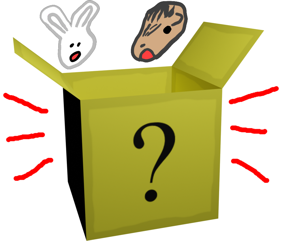 Two 2D drawings of animals, a rabbit and a pangolin, look in awe inside a 3D rendering of a yellow cardboard box. The box has slightly darker edges and a large, black question mark. Two sets of three red emphasis lines are emanating from the left and right side.
